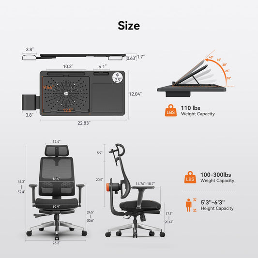 Newtral Ergonomic Office Chair, Footrest, Auto Backrest & Headrest, 4D Armrests, 96°-136° Recline, Black with Laptop Table