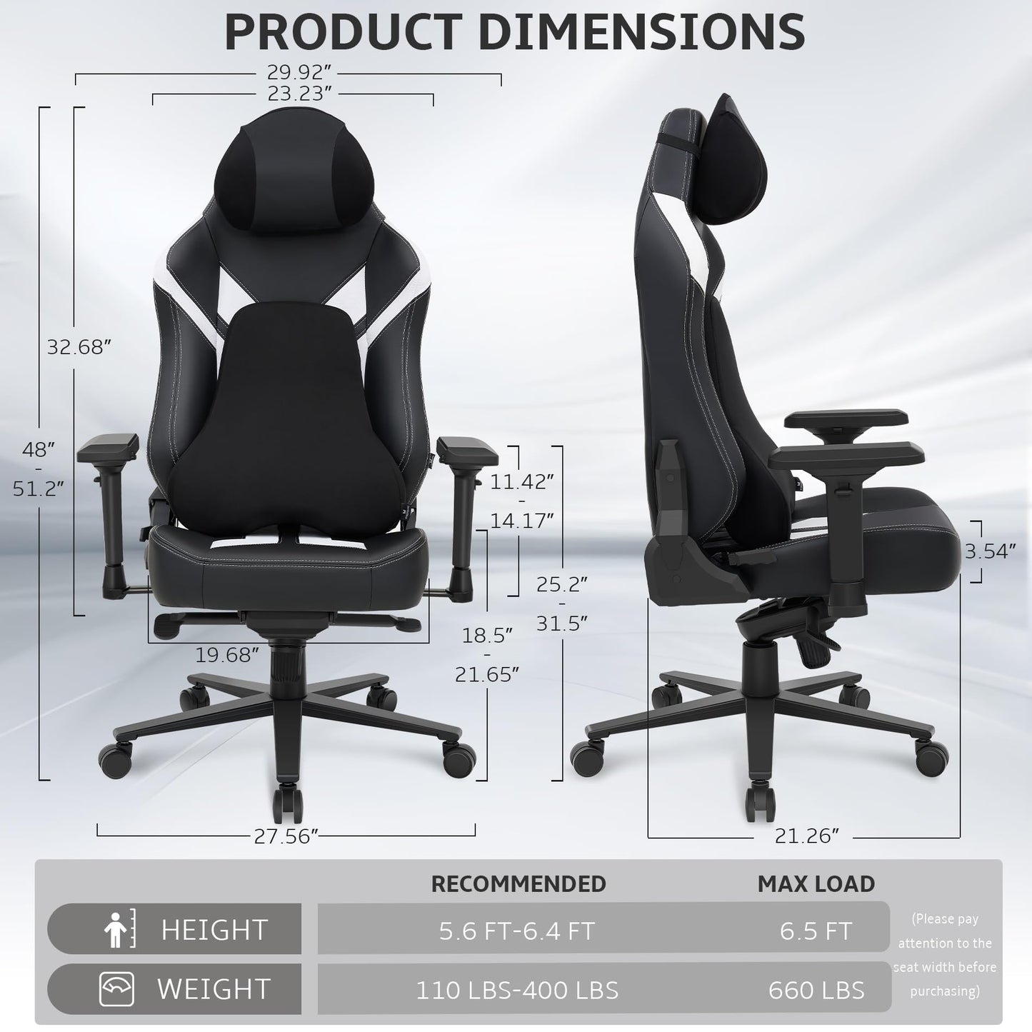 Wyrdforging Ergonomic Gaming Chair, 4D Armrests, High Back, Headrest, Lumbar Pillow, Recliner, Black White PU Leather