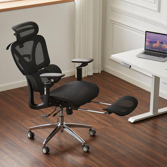 Ergonomic Mesh Office Chair with Footrest, High Back, 3D Lumbar Support, 130° Tilt, Adjustable Depth, 6D Armrests, 3D Headrest, Black