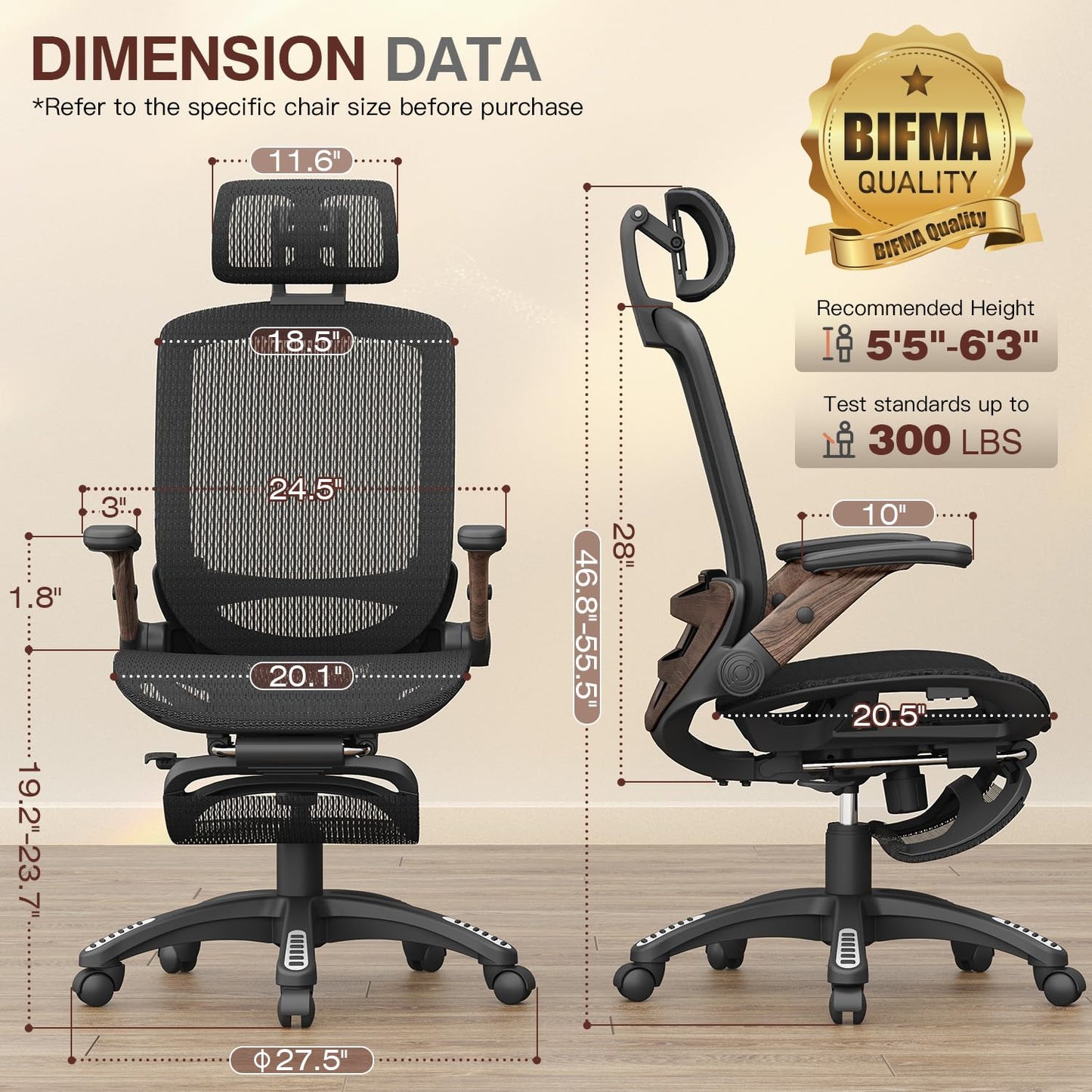 GABRYLLY Ergonomic Office Chair with Footrest, High Back Mesh, Flip-Up Arms, 3D Headrest, 135° Recline, Lumbar Support, 300lbs