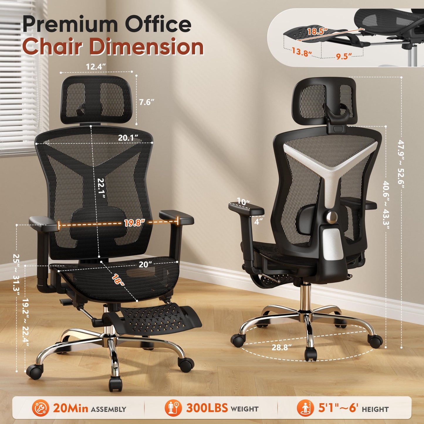 Ergonomic Office Chair with Footrest, 3D Lumbar Support, Adjustable Armrests & Headrest, 90°-135° Tilt, Mesh Seat, Heavy Duty