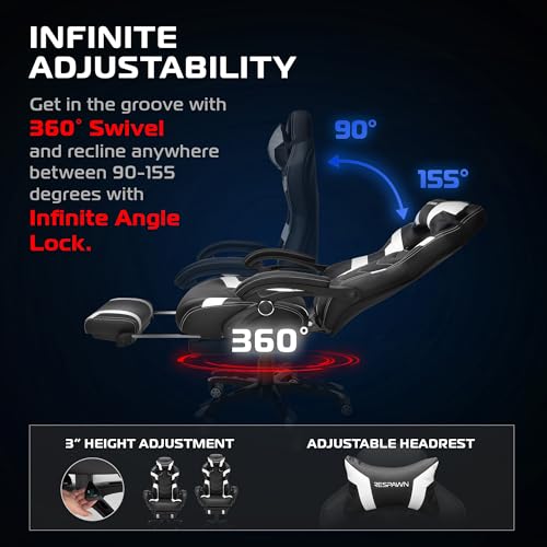 Respawn 110 Pro Gaming Chair with Footrest, Ergonomic Recliner, Lumbar Support, Headrest, Racing Style, White