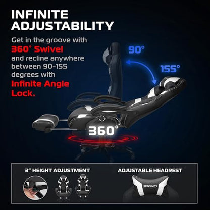 Respawn 110 Pro Gaming Chair with Footrest, Ergonomic Recliner, Lumbar Support, Headrest, Racing Style, White