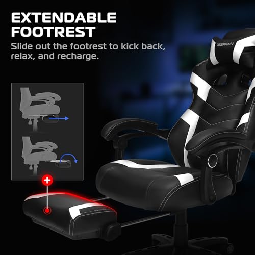 Respawn 110 Pro Gaming Chair with Footrest, Ergonomic Recliner, Lumbar Support, Headrest, Racing Style, White