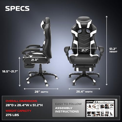 Respawn 110 Pro Gaming Chair with Footrest, Ergonomic Recliner, Lumbar Support, Headrest, Racing Style, White