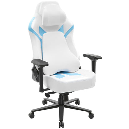 Wyrdforging Ergonomic Gaming Chair, 4D Armrests, High Back, Headrest, Lumbar Pillow, Recliner, White Blue PU Leather