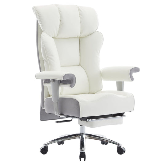 Efomao Big & Tall Office Chair 400lbs, Executive Desk Chair with Footrest, 23" Wide Seat, High Back Ergonomic Leather, White