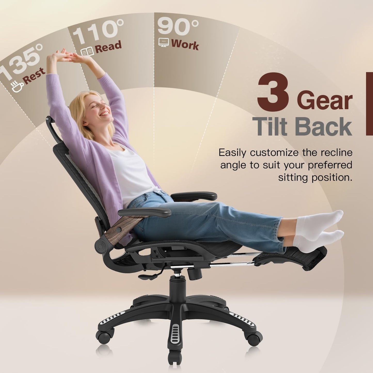 GABRYLLY Ergonomic Office Chair with Footrest, High Back Mesh, Flip-Up Arms, 3D Headrest, 135° Recline, Lumbar Support, 300lbs