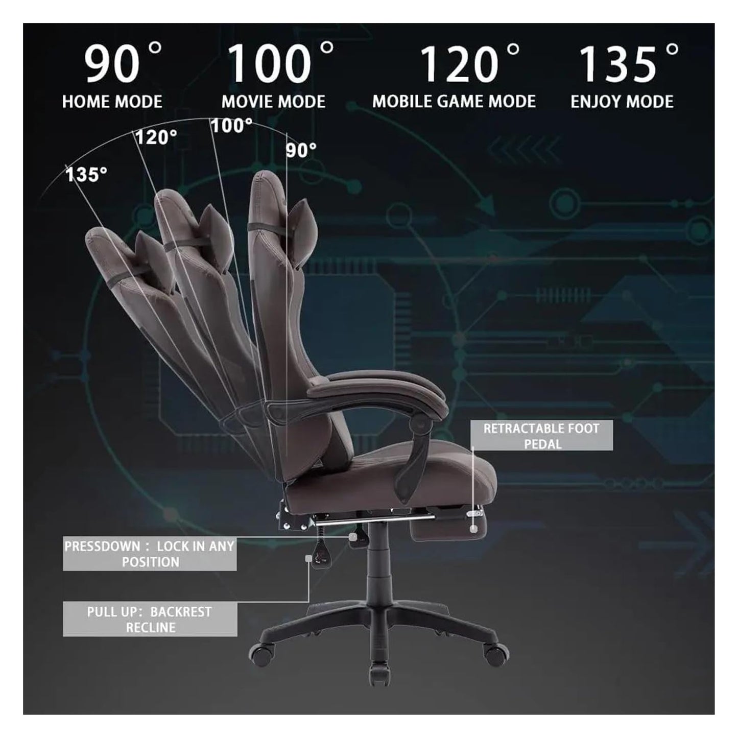Lan Xin-JP Gaming Office Chair with Footrest, Lumbar Support, Adjustable Height, 360° Swivel Seat, Brown