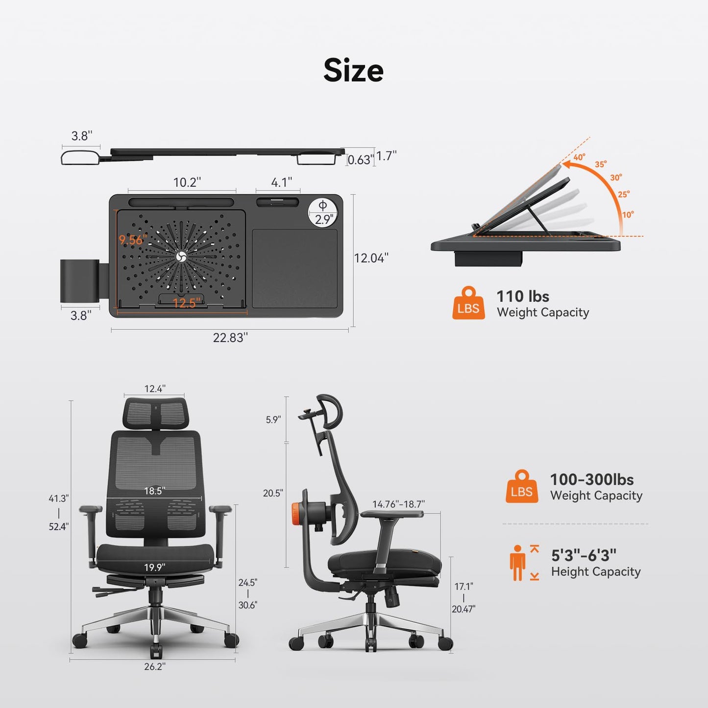 Newtral Ergonomic Office Chair, Footrest, Auto Backrest & Headrest, 4D Armrests, 96°-136° Recline, Black with Laptop Table