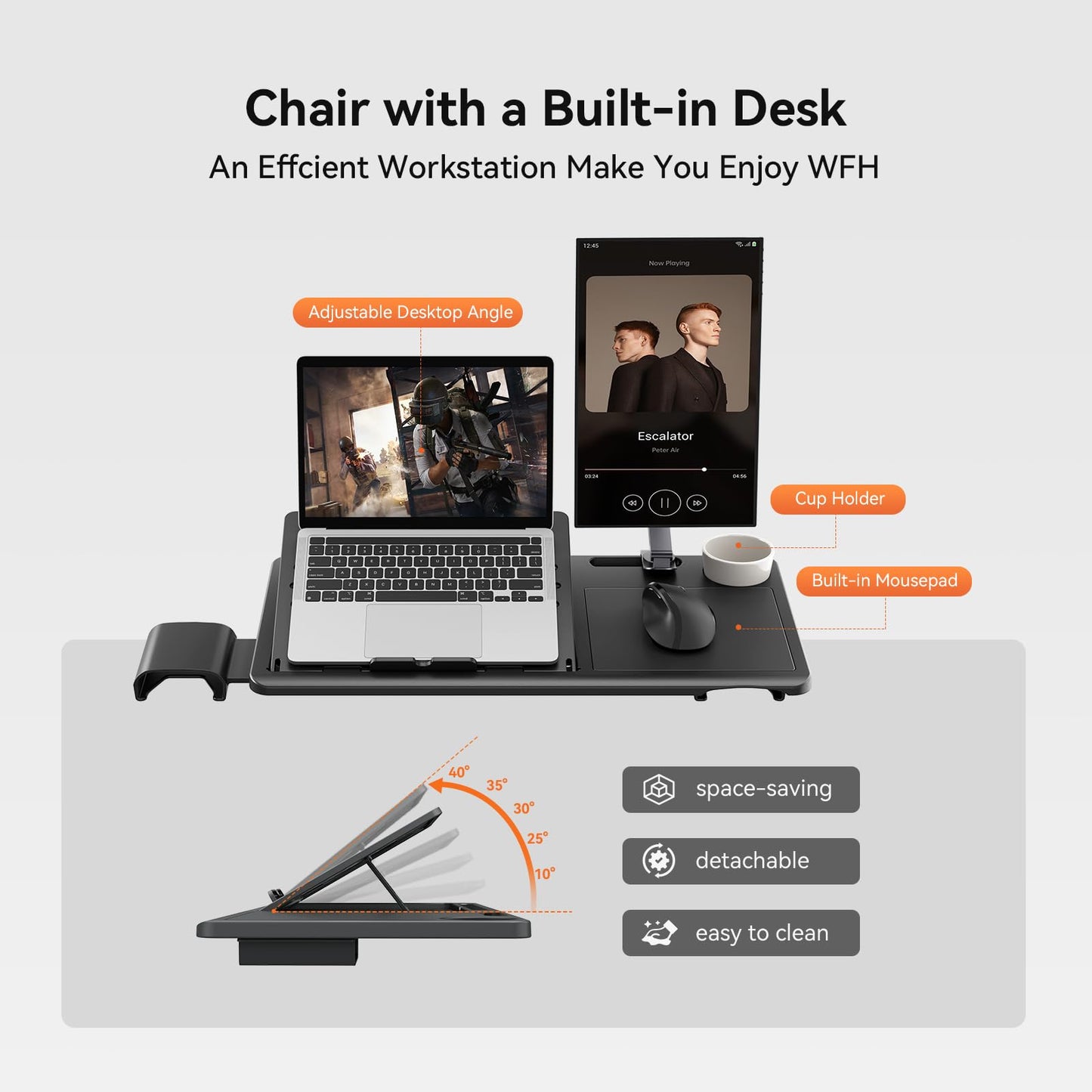 Newtral Ergonomic Office Chair, Footrest, Auto Backrest & Headrest, 4D Armrests, 96°-136° Recline, Black with Laptop Table