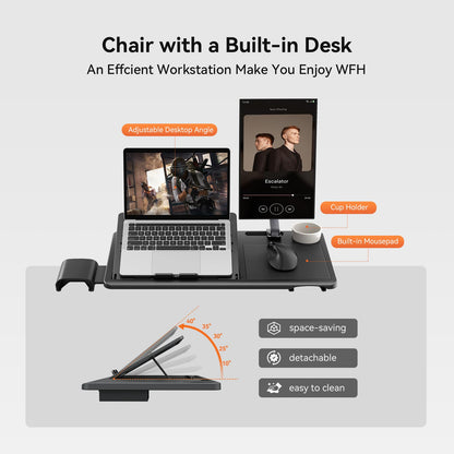 Newtral Ergonomic Office Chair, Footrest, Auto Backrest & Headrest, 4D Armrests, 96°-136° Recline, Black with Laptop Table