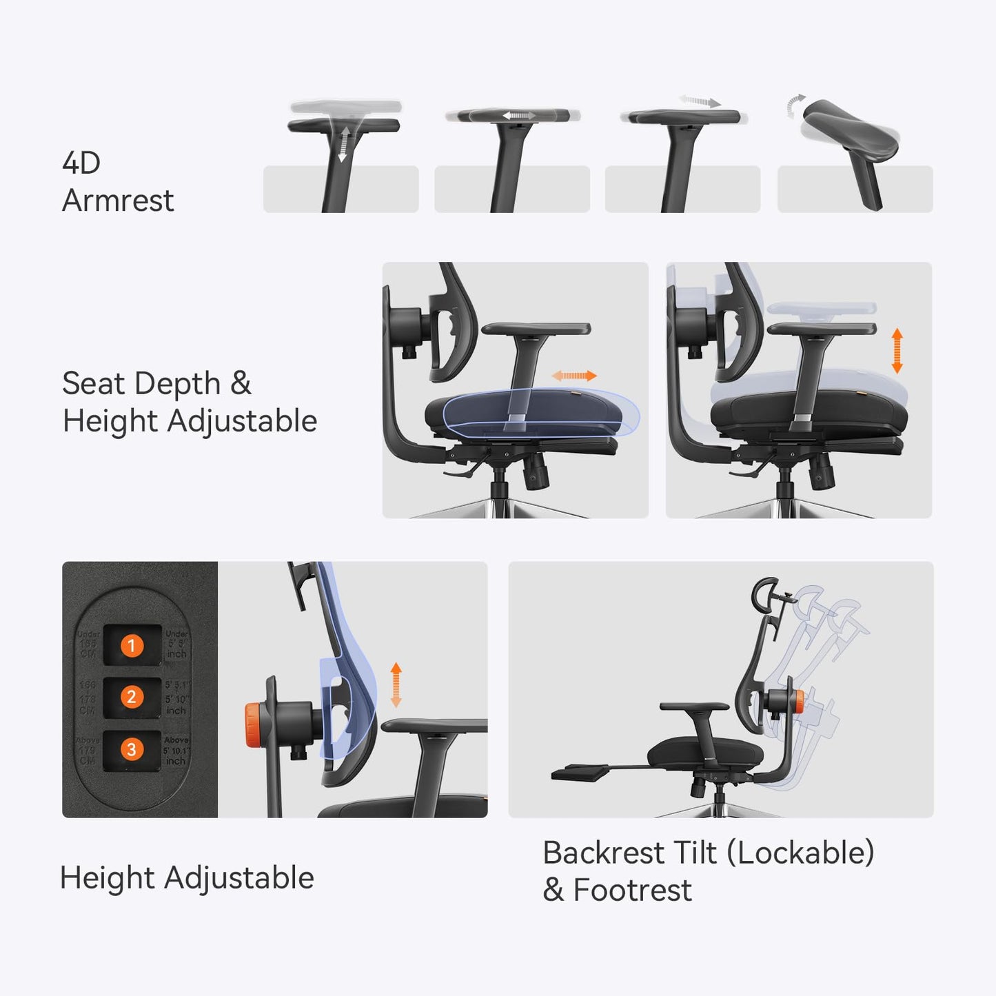 Newtral Ergonomic Office Chair, Adaptive Lumbar Support, Footrest, 4D Armrests, Adjustable Seat Depth & Height