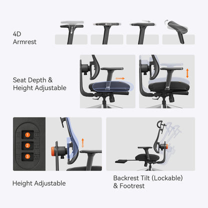 Newtral Ergonomic Office Chair, Adaptive Lumbar Support, Footrest, 4D Armrests, Adjustable Seat Depth & Height
