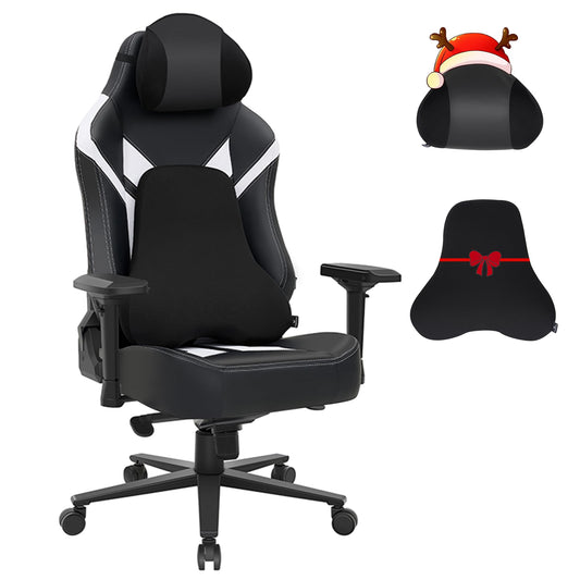 Wyrdforging Ergonomic Gaming Chair, 4D Armrests, High Back, Headrest, Lumbar Pillow, Recliner, Black White PU Leather