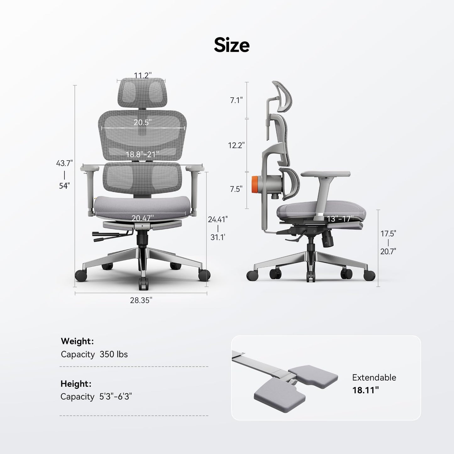 Newtral Ergonomic Office Chair, Big & Tall, Auto Lumbar Support, Adjustable Depth & Height, Footrest, Gray
