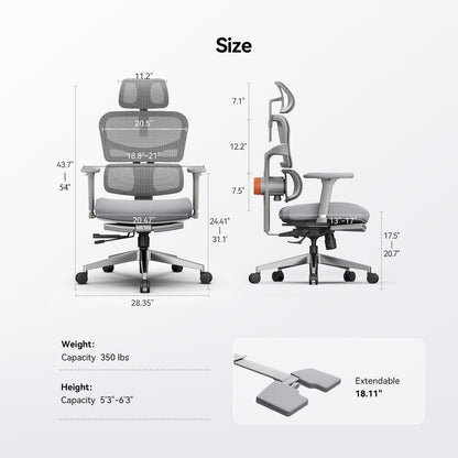 Newtral Ergonomic Office Chair, Big & Tall, Auto Lumbar Support, Adjustable Depth & Height, Footrest, Gray