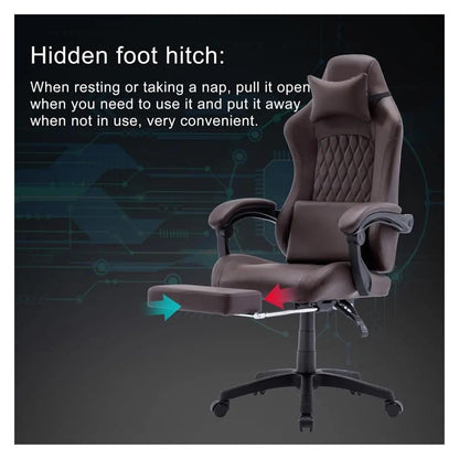 Lan Xin-JP Gaming Office Chair with Footrest, Lumbar Support, Adjustable Height, 360° Swivel Seat, Brown