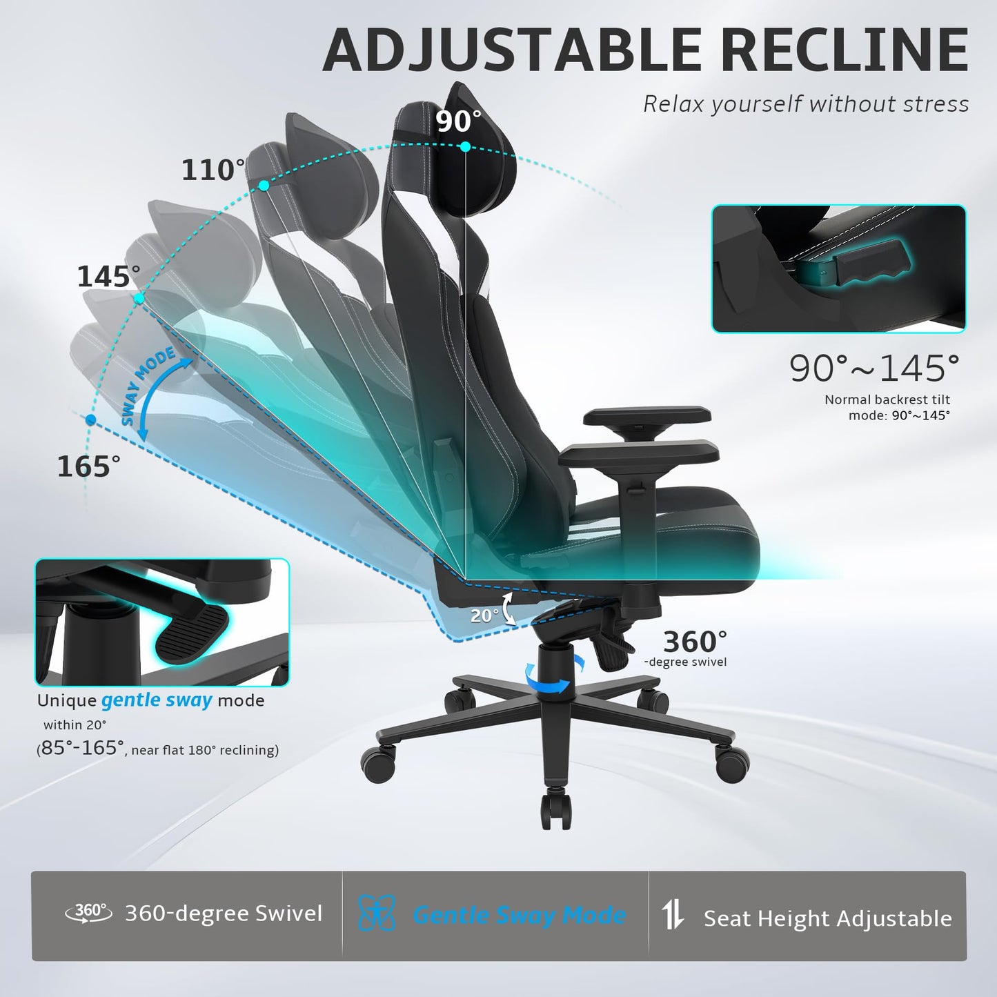 Wyrdforging Ergonomic Gaming Chair, 4D Armrests, High Back, Headrest, Lumbar Pillow, Recliner, Black White PU Leather