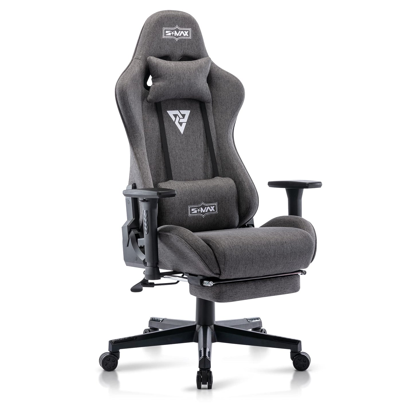 S*MAX Fabric Gaming Chair with Footrest, Ergonomic, 3D Armrests, Thick Seat, Breathable, Headrest & Lumbar Support, Grey