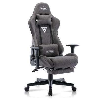 S*MAX Fabric Gaming Chair with Footrest, Ergonomic, 3D Armrests, Thick Seat, Breathable, Headrest & Lumbar Support, Grey