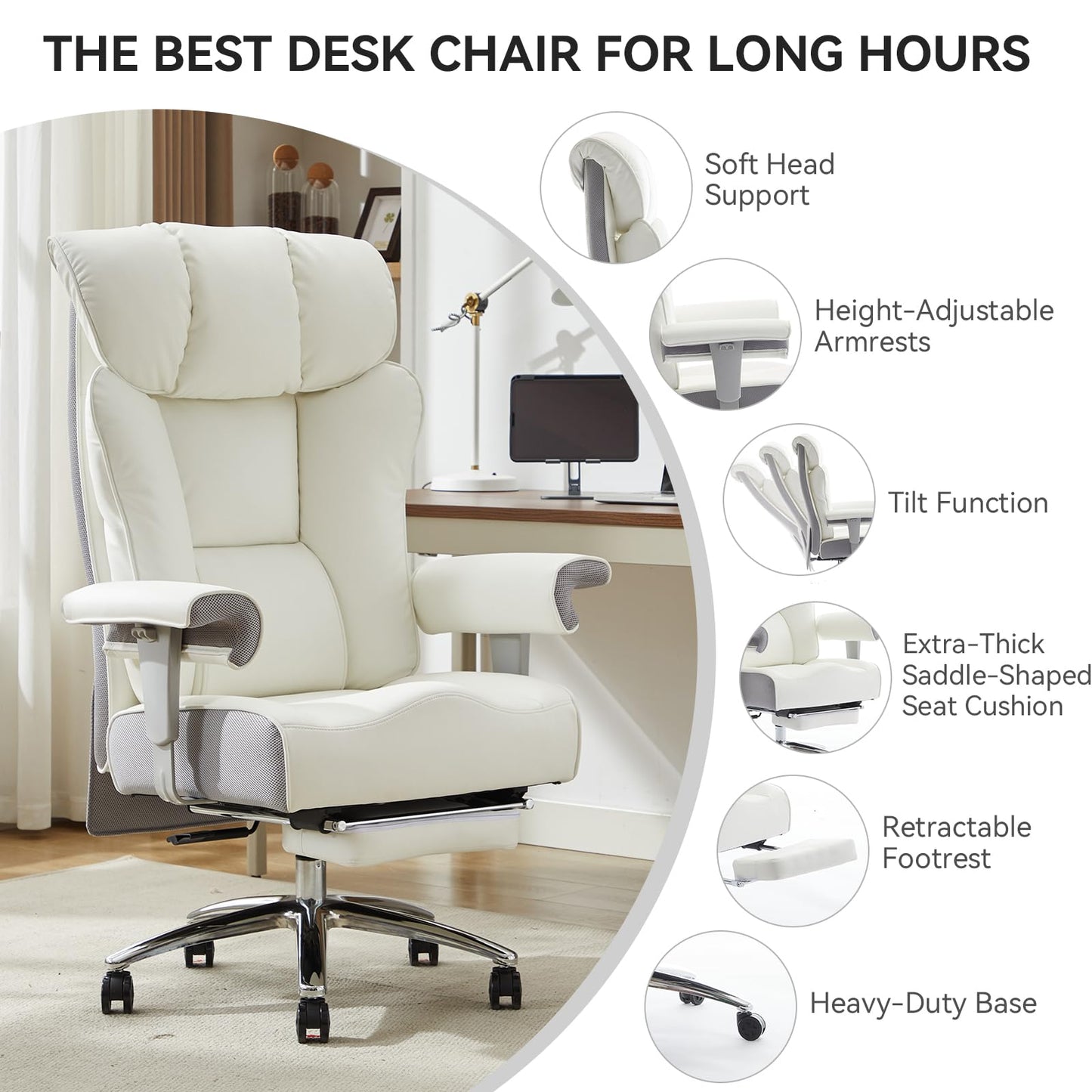 Efomao Big & Tall Office Chair 400lbs, Executive Desk Chair with Footrest, 23" Wide Seat, High Back Ergonomic Leather, White
