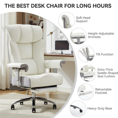 Efomao Big & Tall Office Chair 400lbs, Executive Desk Chair with Footrest, 23" Wide Seat, High Back Ergonomic Leather, White