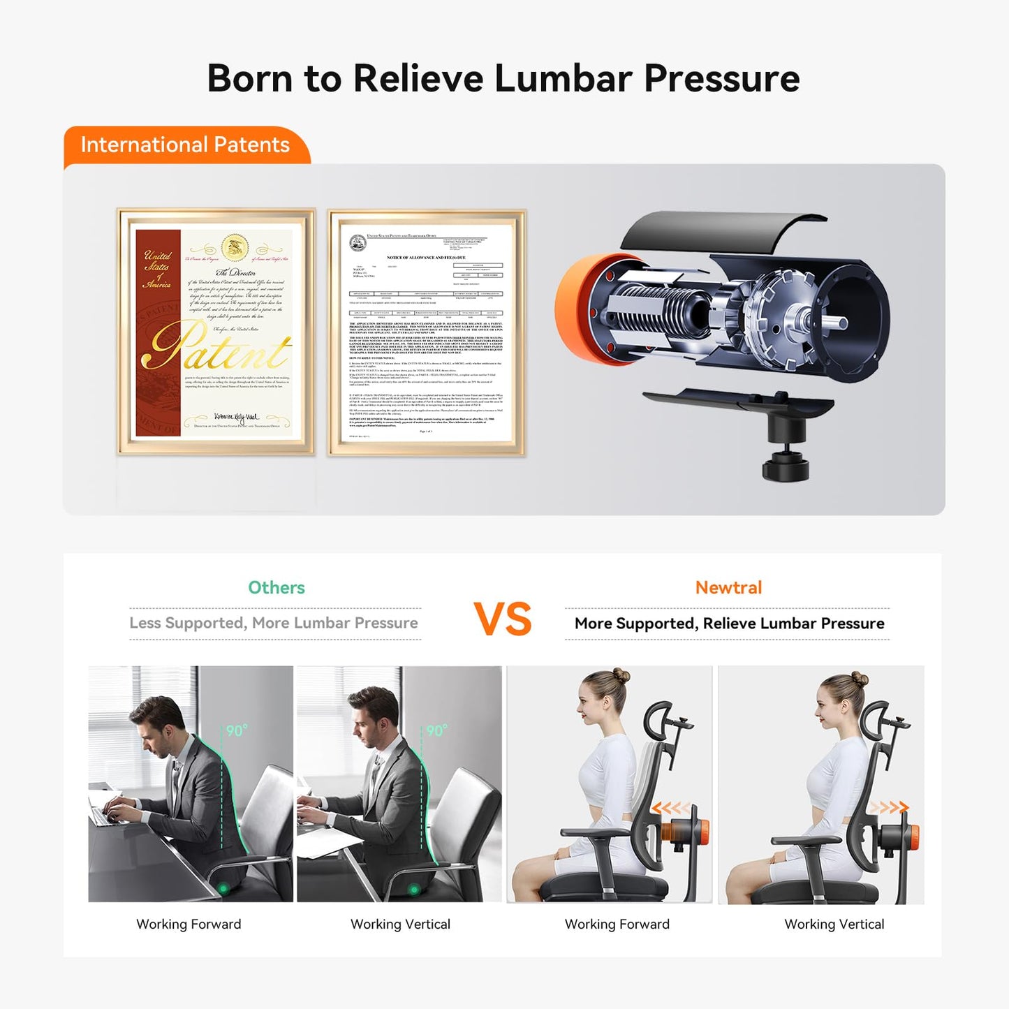 Newtral Ergonomic Office Chair, Adaptive Lumbar Support, Footrest, 4D Armrests, Adjustable Seat Depth & Height
