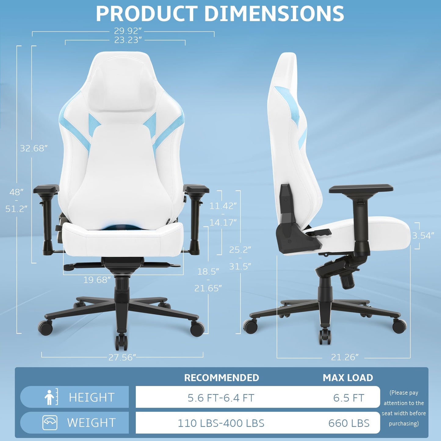 Wyrdforging Ergonomic Gaming Chair, 4D Armrests, High Back, Headrest, Lumbar Pillow, Recliner, White Blue PU Leather