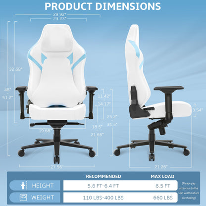 Wyrdforging Ergonomic Gaming Chair, 4D Armrests, High Back, Headrest, Lumbar Pillow, Recliner, White Blue PU Leather