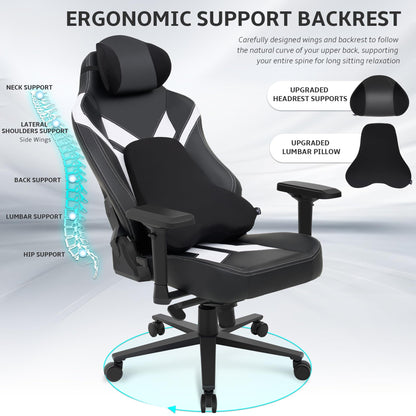 Wyrdforging Ergonomic Gaming Chair, 4D Armrests, High Back, Headrest, Lumbar Pillow, Recliner, Black White PU Leather