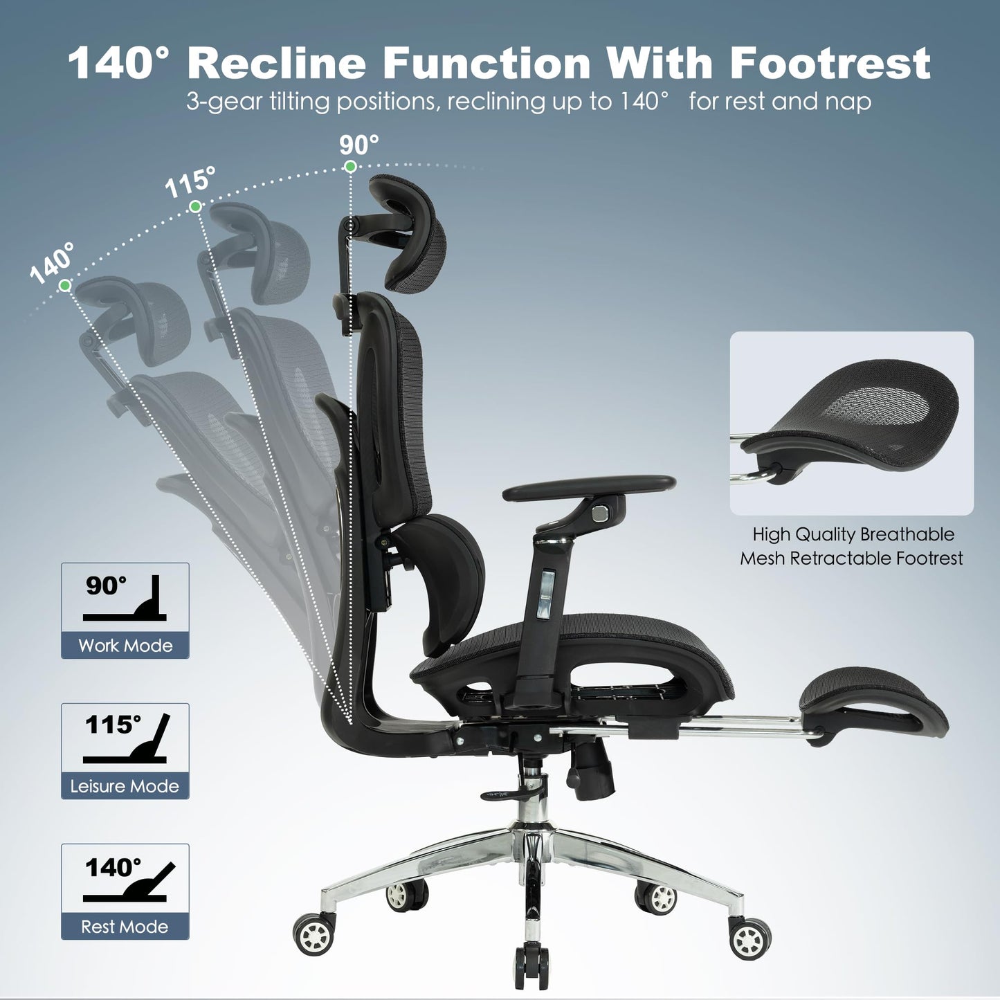 Ergonomic Mesh Office Chair with Footrest, High Back, 3D Lumbar Support, 130° Tilt, Adjustable Depth, 6D Armrests, 3D Headrest, Black