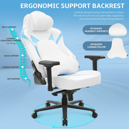 Wyrdforging Ergonomic Gaming Chair, 4D Armrests, High Back, Headrest, Lumbar Pillow, Recliner, White Blue PU Leather