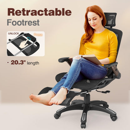 GABRYLLY Ergonomic Office Chair with Footrest, High Back Mesh, Flip-Up Arms, 3D Headrest, 135° Recline, Lumbar Support, 300lbs