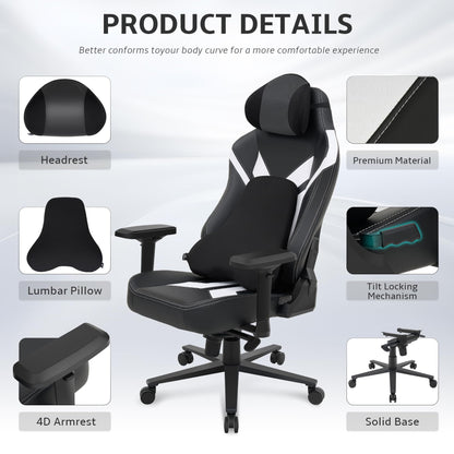 Wyrdforging Ergonomic Gaming Chair, 4D Armrests, High Back, Headrest, Lumbar Pillow, Recliner, Black White PU Leather