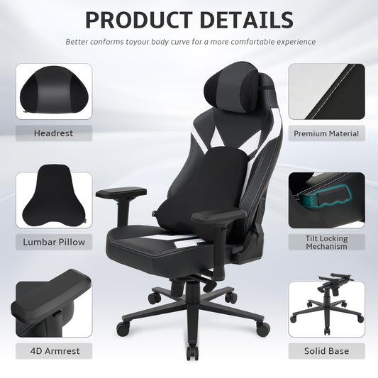 Wyrdforging Ergonomic Gaming Chair, 4D Armrests, High Back, Headrest, Lumbar Pillow, Recliner, Black White PU Leather