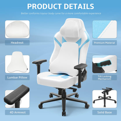 Wyrdforging Ergonomic Gaming Chair, 4D Armrests, High Back, Headrest, Lumbar Pillow, Recliner, White Blue PU Leather