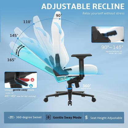Wyrdforging Ergonomic Gaming Chair, 4D Armrests, High Back, Headrest, Lumbar Pillow, Recliner, White Blue PU Leather