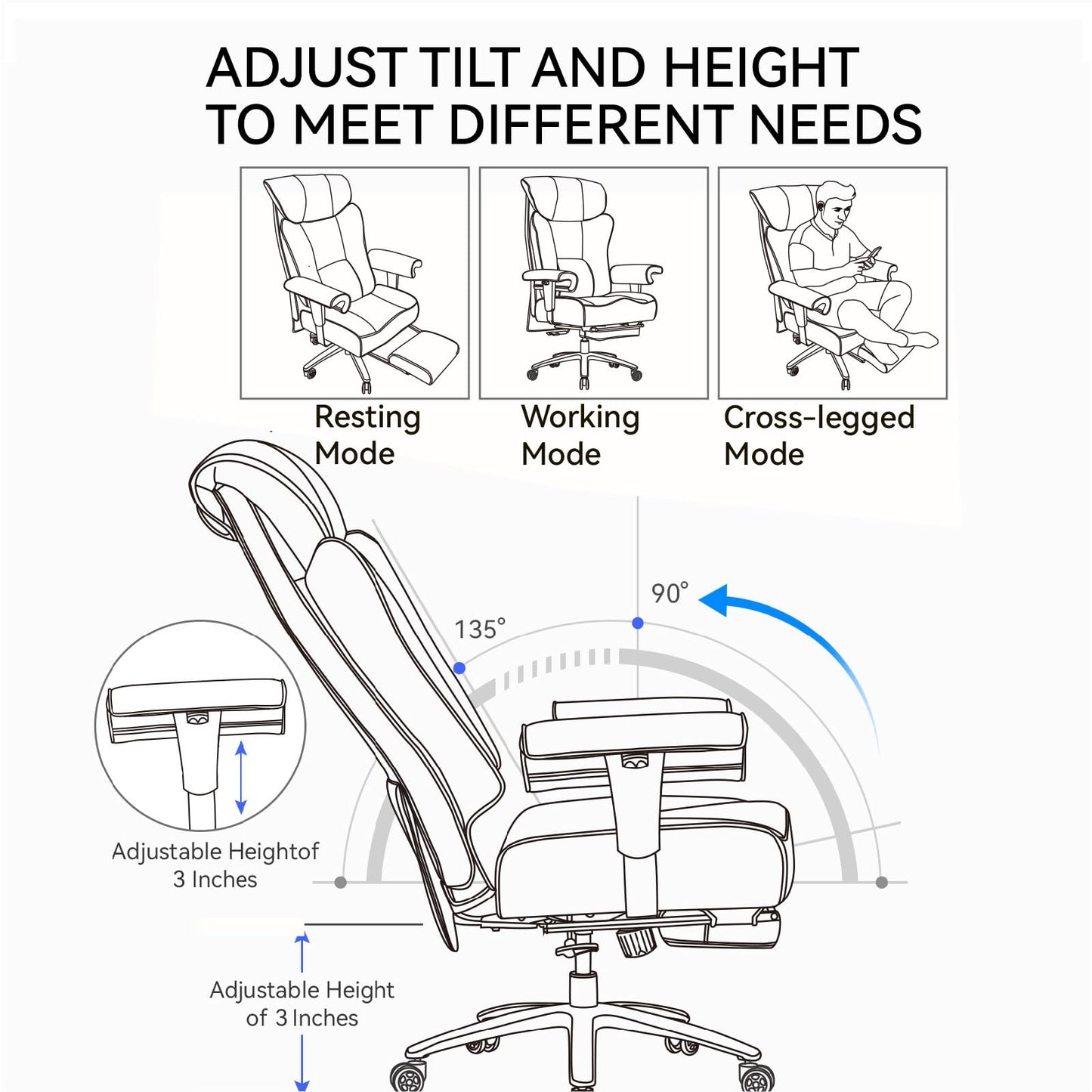 Efomao Big & Tall Office Chair 400lbs, Executive Desk Chair with Footrest, 23" Wide Seat, High Back Ergonomic Leather, White