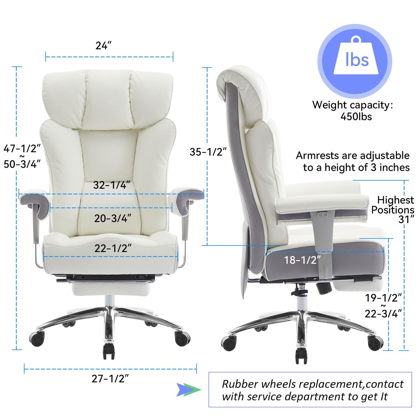 Efomao Big & Tall Office Chair 400lbs, Executive Desk Chair with Footrest, 23" Wide Seat, High Back Ergonomic Leather, White