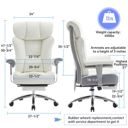 Efomao Big & Tall Office Chair 400lbs, Executive Desk Chair with Footrest, 23" Wide Seat, High Back Ergonomic Leather, White