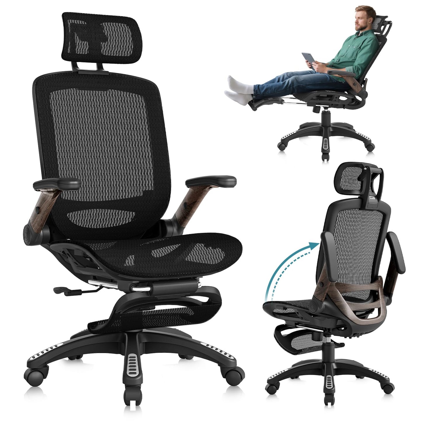 GABRYLLY Ergonomic Office Chair with Footrest, High Back Mesh, Flip-Up Arms, 3D Headrest, 135° Recline, Lumbar Support, 300lbs