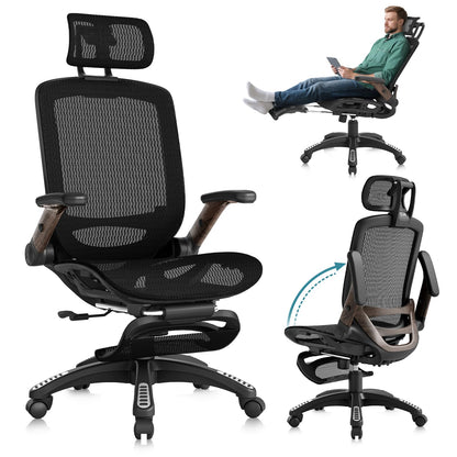 GABRYLLY Ergonomic Office Chair with Footrest, High Back Mesh, Flip-Up Arms, 3D Headrest, 135° Recline, Lumbar Support, 300lbs