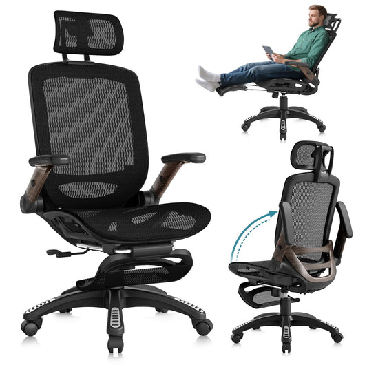 GABRYLLY Ergonomic Office Chair with Footrest, High Back Mesh, Flip-Up Arms, 3D Headrest, 135° Recline, Lumbar Support, 300lbs