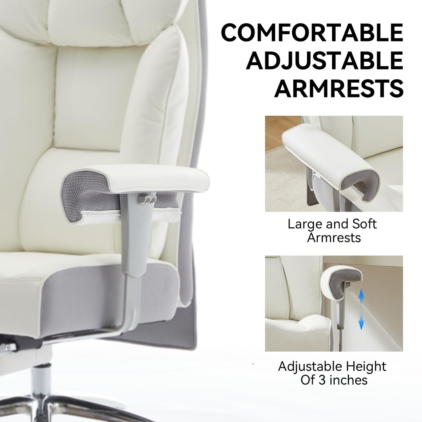 Efomao Big & Tall Office Chair 400lbs, Executive Desk Chair with Footrest, 23" Wide Seat, High Back Ergonomic Leather, White