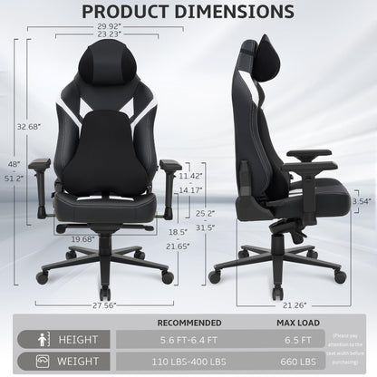 Wyrdforging Ergonomic Gaming Chair, 4D Armrests, High Back, Headrest, Lumbar Pillow, Recliner, Black White PU Leather