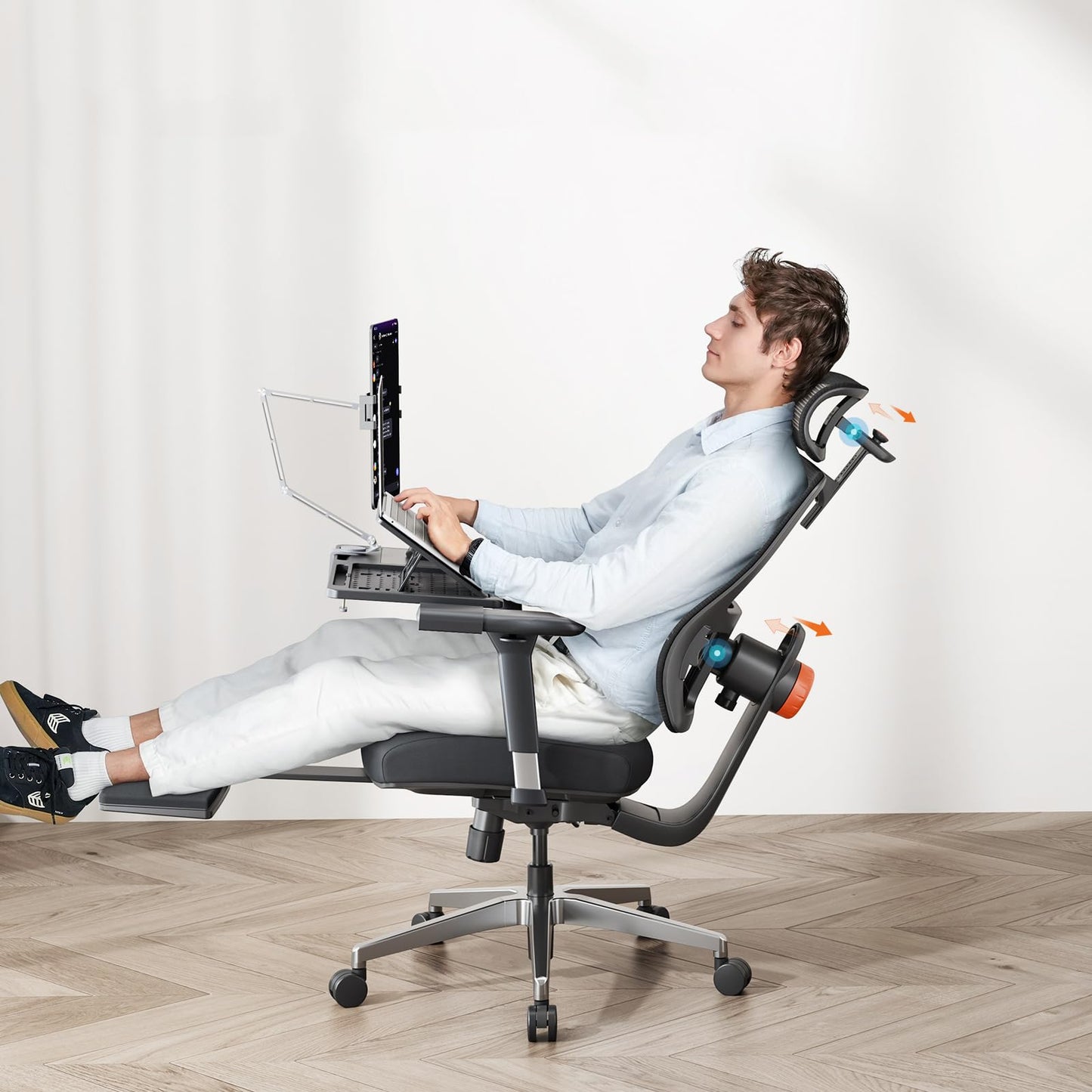 Newtral Ergonomic Office Chair, Footrest, Auto Backrest & Headrest, 4D Armrests, 96°-136° Recline, Black with Laptop Table