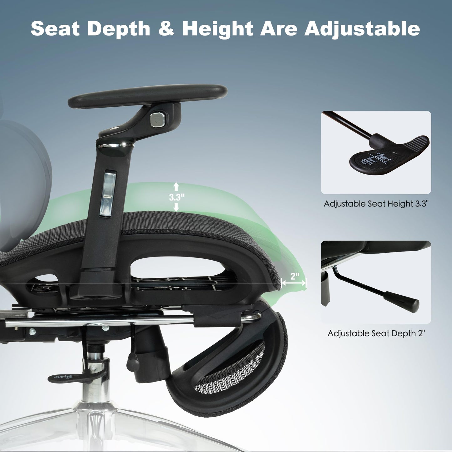 Ergonomic Mesh Office Chair with Footrest, High Back, 3D Lumbar Support, 130° Tilt, Adjustable Depth, 6D Armrests, 3D Headrest, Black