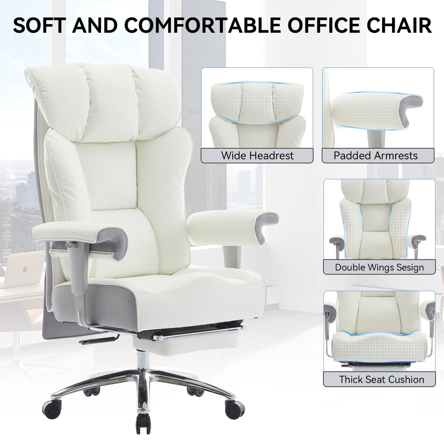 Efomao Big & Tall Office Chair 400lbs, Executive Desk Chair with Footrest, 23" Wide Seat, High Back Ergonomic Leather, White