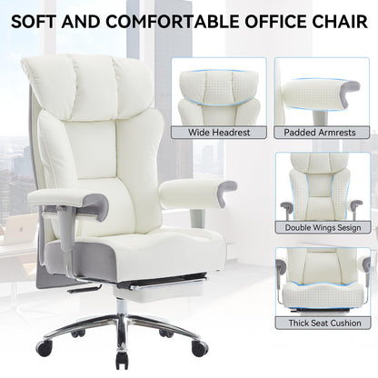 Efomao Big & Tall Office Chair 400lbs, Executive Desk Chair with Footrest, 23" Wide Seat, High Back Ergonomic Leather, White